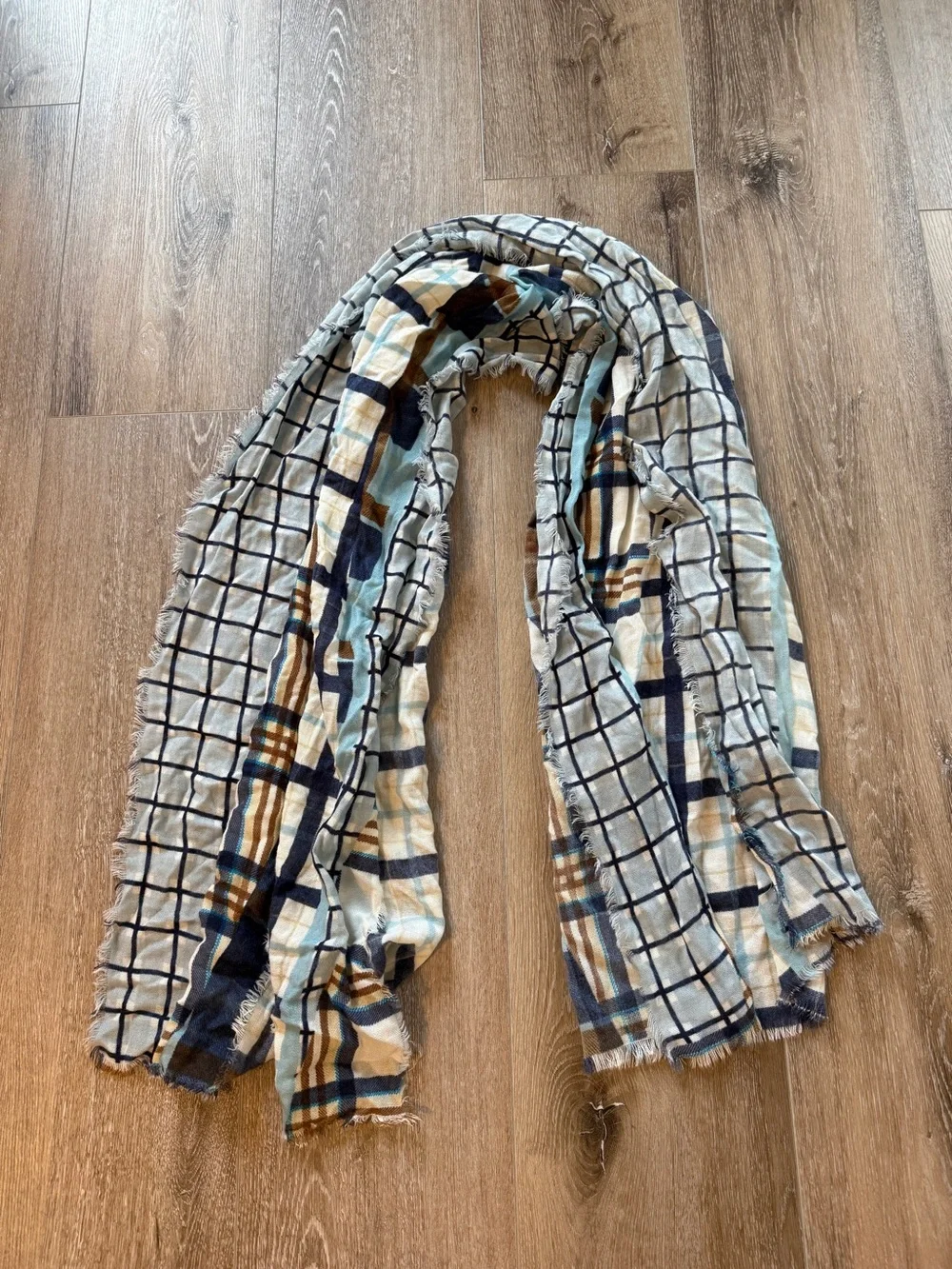 Lightweight Plaid Scarf in Blue, Cream & Brown